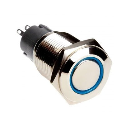 Rugged Metal Pushbutton with Blue LED Ring - 16mm Blue Momentary Wholesale