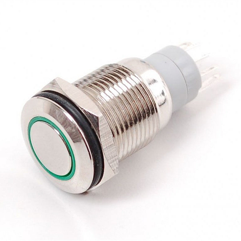 Rugged Metal Pushbutton with Green LED Ring - 16mm Green Momentary Wholesale